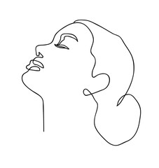 Wall Mural - Woman profile with long hair. Portrait female beauty concept. Continuous line drawing vector illustration