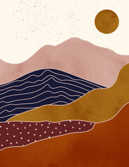  Abstract Landscape of Mountains with the Sun in a Minimal Trendy Style. Vector Background in Terracotta Colors