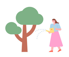 Poster - A woman is watering a tree with a watering can. flat design style minimal vector illustration.