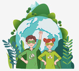 Fototapeta Dinusie - Two cute children super heroes. Protect and save Earth Planet vector concept
