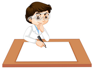 Wall Mural - A boy wearing scientist gown with empty paper on the table