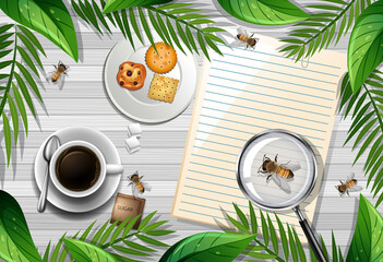 Wall Mural - Empty note on the table with bee and coffee