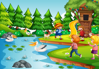 Poster - Park scene with many kids and animal park
