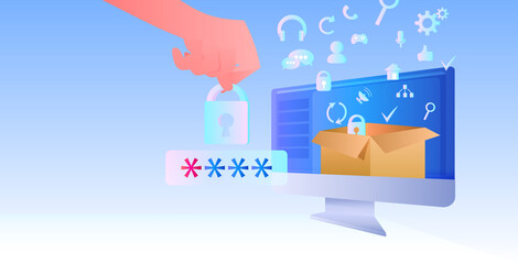 Poster - hand entering password computer app protection shield with padlock data privacy security protection concept