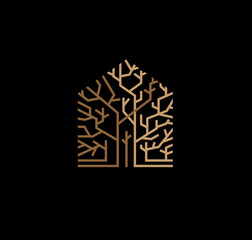 Wall Mural - abstract tree house logo vector with black background, abstract tree as house shape symbol