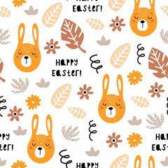 Wall Mural - Happy Easter seamless pattern with decorated painted Easter eggs and rabbits