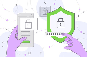 Poster - hands entering passcode on smartphone with protection shield mobile account locked privacy security 