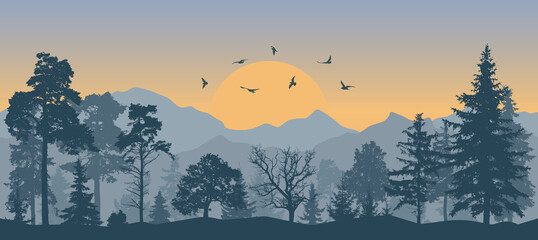 beautiful forest on background of mountains and sunset and flying birds, silhouettes. vector illustr