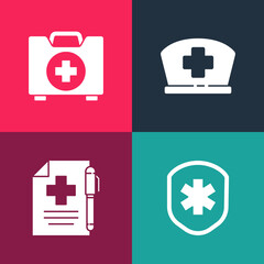 Sticker - Set pop art Medical shield with cross, prescription and pen, Nurse hat and First aid kit icon. Vector