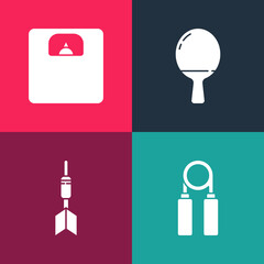 Poster - Set pop art Sport expander, Dart arrow, Racket for playing table tennis and Bathroom scales icon. Vector