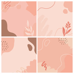 Poster - Set of social media, instagram post, story template with abstract, floral, plant shape. Sketch style illustration for beauty background, poster template. Pastel color in brown tones.