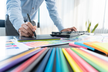 Poster - interior designer or creative graphic designer working on project architectural with colour samples 