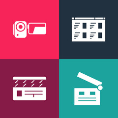 Poster - Set pop art Movie clapper, , Online play video and Cinema camera icon. Vector