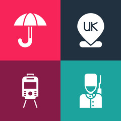 Poster - Set pop art British soldier, Tram and railway, Location England and Umbrella icon. Vector