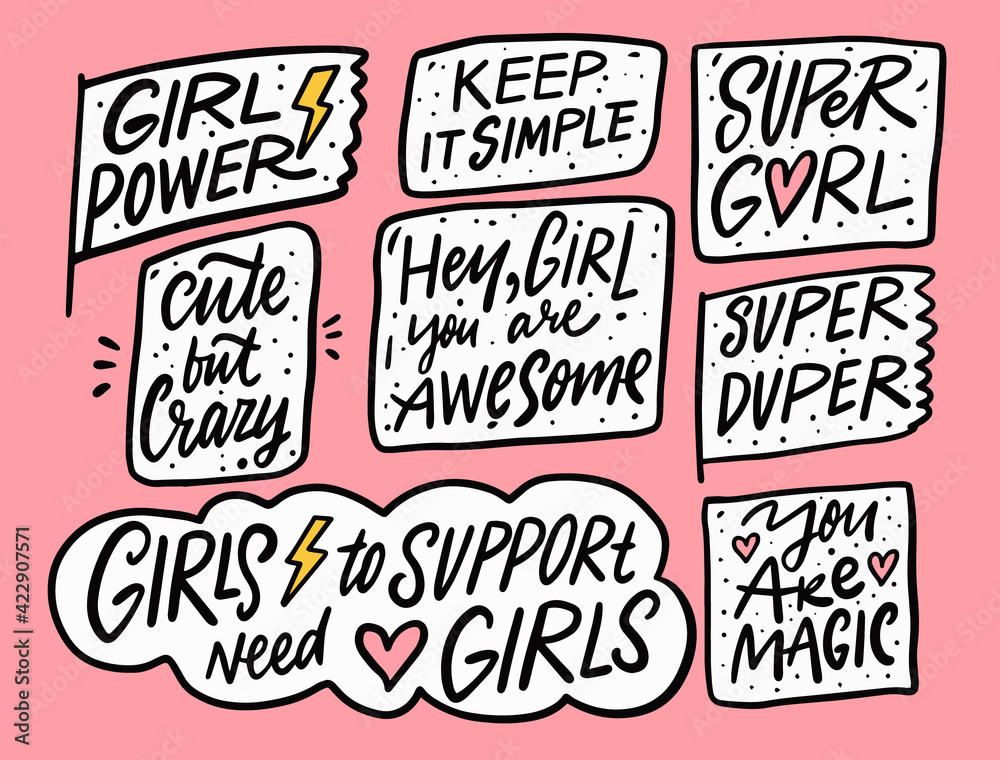 Woman and girl motivation lettering phrases set. Hand drawn colorful style. - obrazy, fototapety, plakaty 