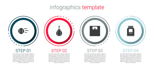 Poster - Set Tennis ball, Punching bag, Bathroom scales and Sports nutrition. Business infographic template. Vector