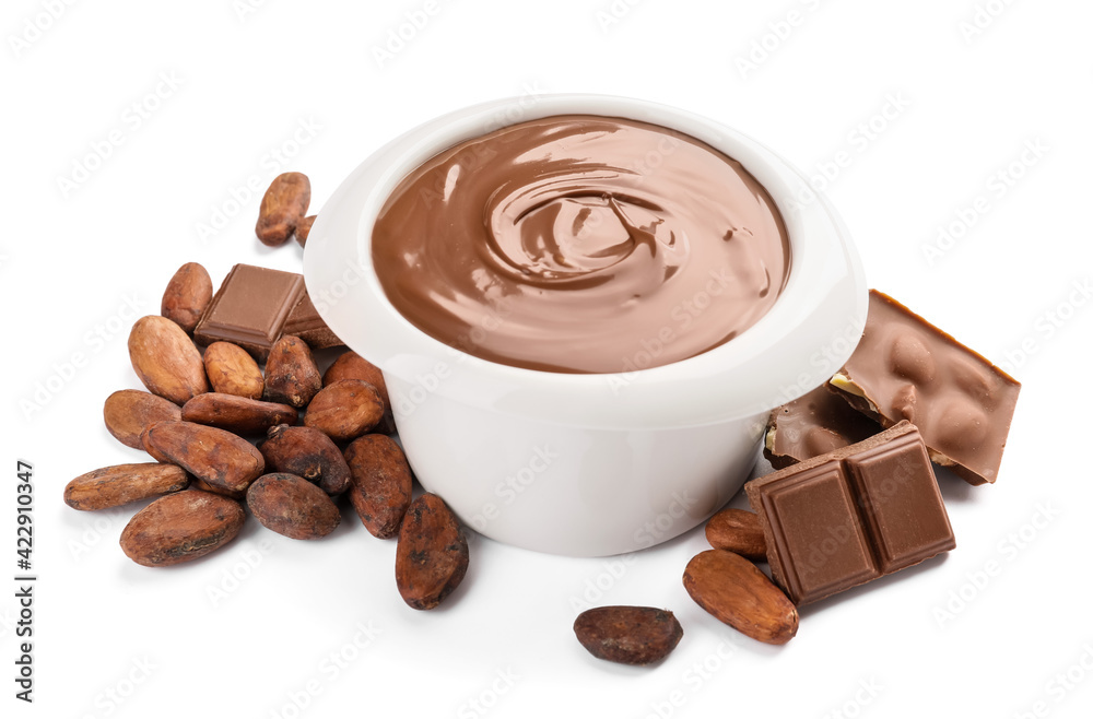 Bowl of tasty melted chocolate on white background
