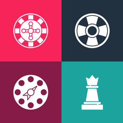 Sticker - Set pop art Chess, Twister game, Casino chip and roulette wheel icon. Vector