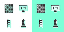 Set Chess, Board Game Of Checkers, Mahjong Pieces And Sport Mechanical Scoreboard Icon. Vector