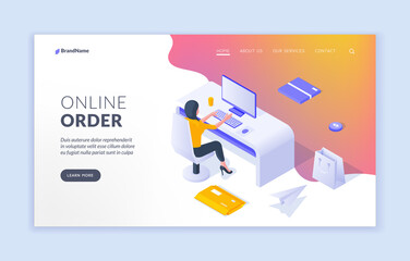 Poster - Online order landing page banner template. Vector illustration of isometric woman sitting at desk and using computer to order goods online. Isometric web banner, landing page template