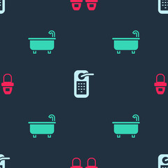 Sticker - Set Hotel slippers, Digital door lock and Bathtub on seamless pattern. Vector