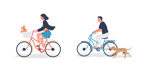 Poster - Caucasian man and woman on bicycle with dogs flat color vector detailed character set. Exercise with puppies. Pet care isolated cartoon illustration for web graphic design and animation collection