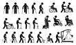 Mobility aids medical tools and equipment stick figure pictogram icons. Artwork signs symbols depicts man walking with crutches, wheelchair, cane, electric wheelchair, power scooter, and walker.