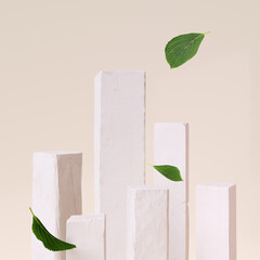 Poster - Natural organic cosmetic product presentation. Stone podium elements with green leaves falling. 3d rendering