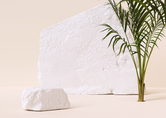 Wall Mural - White stones podium product presentation, minimal scene with green tropical plant for product display, object placement mockup 3d rendering.