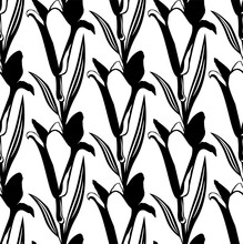 Black Simple Lily Pattern. Seamless Black White Flower Pattern. Vector Illustration