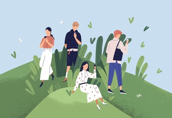 Poster - Happy app users with mobile phones. Good customers' support and friendly online environment concept. People using usable applications with beautiful pleasant design. Colored flat vector illustration