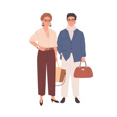 Couple of modern mature colleagues isolated on white background. Portrait of trendy businessman and businesswoman. Smiling people in stylish formal clothes. Colored flat vector illustration