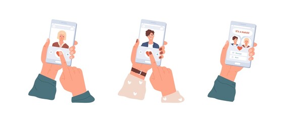 Leinwandbilder - Love match between man and woman in dating app. Male and female hands holding mobile phones with application for couple building. Colored flat vector illustration isolated on white background