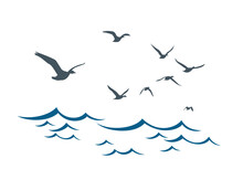The Blue Sea With Flying Birds. 