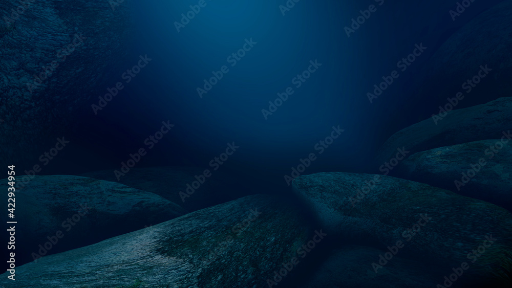 Depth of sea water, the bottom of the sea, the rays of the sun through the water, the underwater world, dark sea the background. Rocks and stones under water. Sea sand. 3d illustration  - obrazy, fototapety, plakaty 