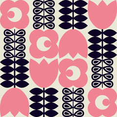 Aufkleber - Modern vector abstract  geometric background with stylized flowers, leaves and stems  in retro scandinavian style. Pastel colored simple shapes graphic seamless pattern.