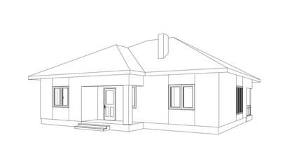 Wall Mural - Modern building perspective 3D. Drawing of the suburban house. Outlines cottage on white background. House 3D model perspective vector. Cottage blueprint. EPS 10. 