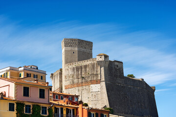 Sticker - Closeup of the ancient Castle of Lerici town (1152-1555). Tourist resort on the coast of the Mediterranean sea (Ligurian Sea), Gulf of La Spezia, Italy, Europe.