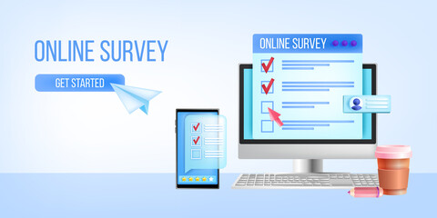 Online survey, vector internet questionnaire landing page template, smartphone, computer screen. Customer feedback SMM concept, client experience, review design. Online survey, web research background