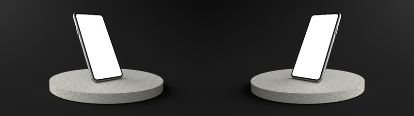 Wall Mural - the smartphone white screen on round white stone pedestal, mobile phone mockup tilted to the ground.