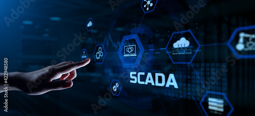 SCADA system Supervisory Control And Data Acquisition technology concept. Hand pressing button
