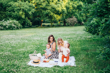 Young family with children having fun in nature. Two young mothers friends with kids toddlers are sitting on grass in beautiful park having picnic