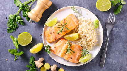 Wall Mural - roasted salmon with rice- top view