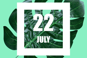 july 22nd. Day 22 of month,Date text in white frame against tropical monstera leaf on green background summer month, day of the year concept