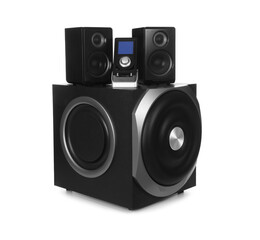 Wall Mural - Modern powerful audio speaker system with remote on white background