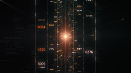 Poster - Beautiful flight through the digital tunnel with numbers and neon rays. Animation. Abstract futuristic background as a visualization of data center.