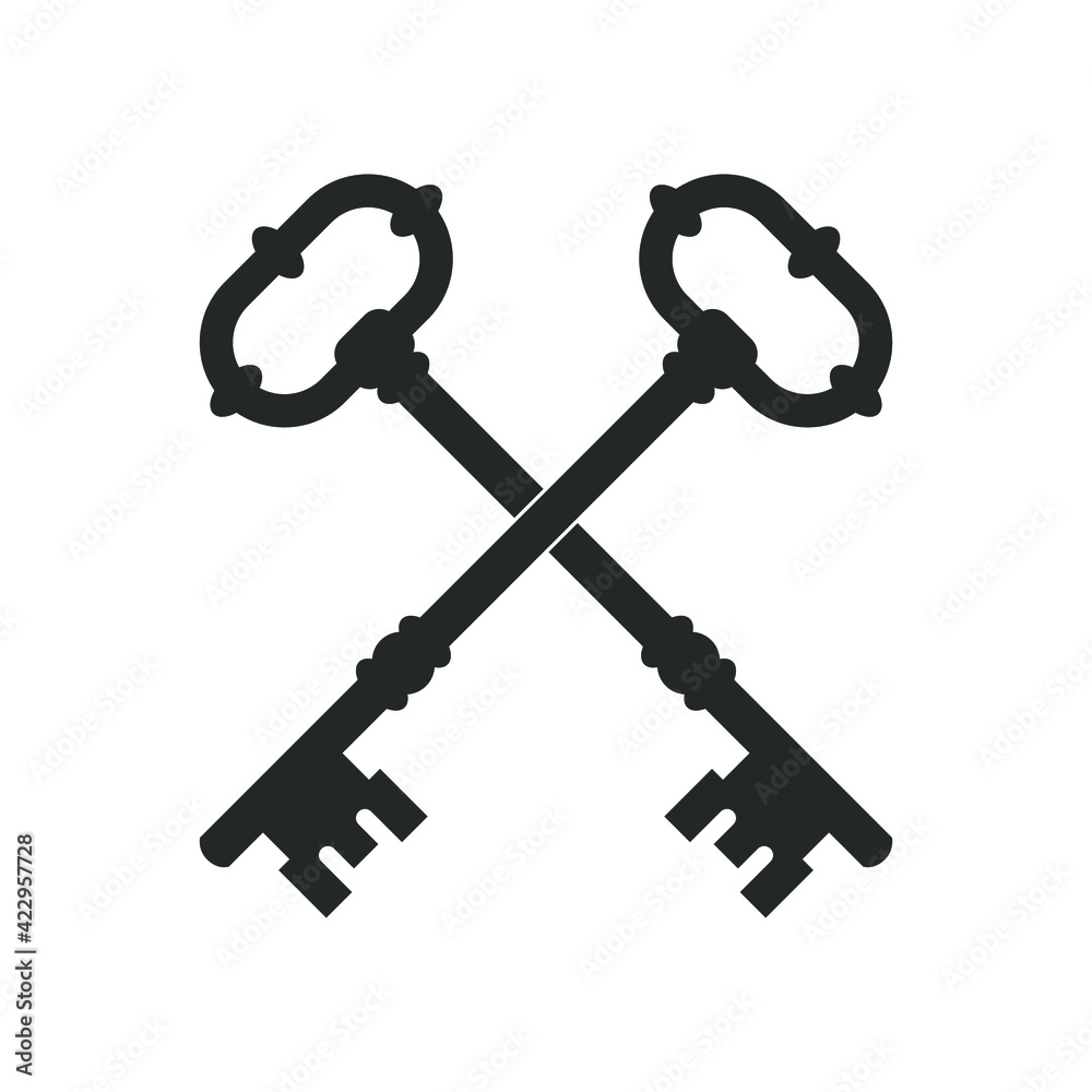 Crossed door keys graphic icon. Ancient keys isolated sign on white background. Vintage symbol for design. Vector illustration