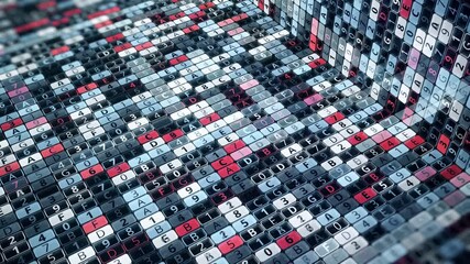 Poster - High tech grid of data and code. Animation. Characters and numbers in information technology concept, seamless loop.