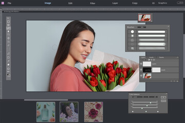 Fototapete - Professional photo editor application. Image of woman with red tulips