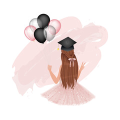 Wall Mural - Pretty girl celebrate graduation with  with balloons. Vector design isolated